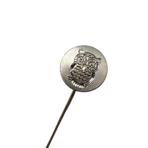 Hand Engraved Pewter Owl Hat Pin Silver Tone Vintage - Picture 1 of 5